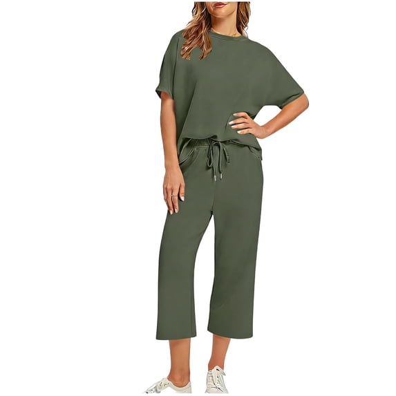 Kilaqueen Two Piece Sets for Women Short Sleeve Tee and Wide Leg Capri Pants Lounge Matching Set Travel Outfits Tracksuit Sweatsuits Set