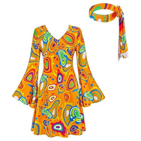 Kilaqueen V Neck Fall Dresses for Women Casual Flare Long Sleeve A Line Midi Dresses Halloween Plus Size Dresses Comfy Loose Flowy Swing Dress with Headscarf