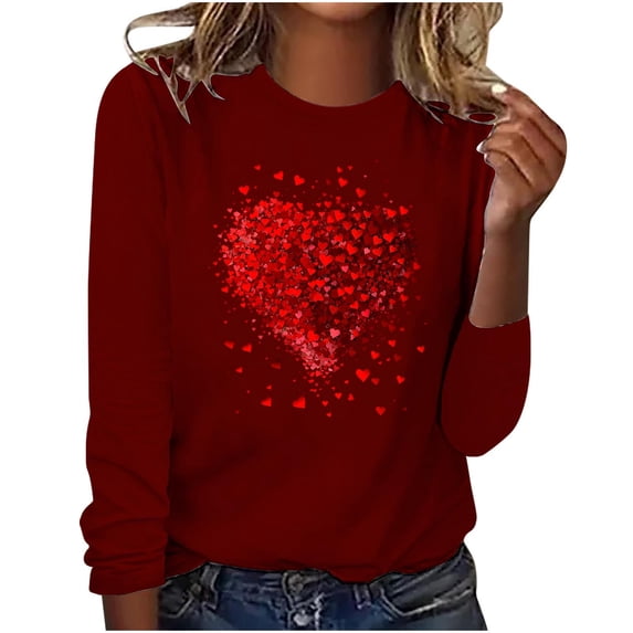 Kilaqueen Valentines Day Long Sleeve Shirts for Women 3D Heart Print Crew Neck Sweatshirts Casual Funny Cute Relaxed Fit Pullover Tops