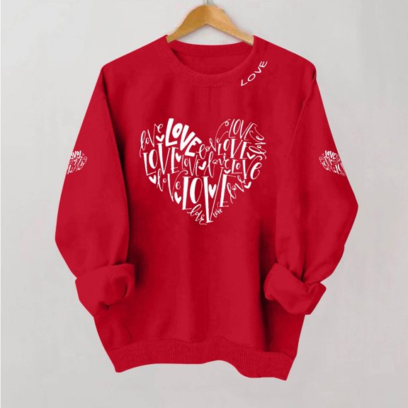 Kilaqueen Valentines Day Sweatshirt for Women Casual Plus Size Love Letter Long Sleeve Shirts Heart Grahic Valentines Gifts Round Neck Baggy Blouse Tops
