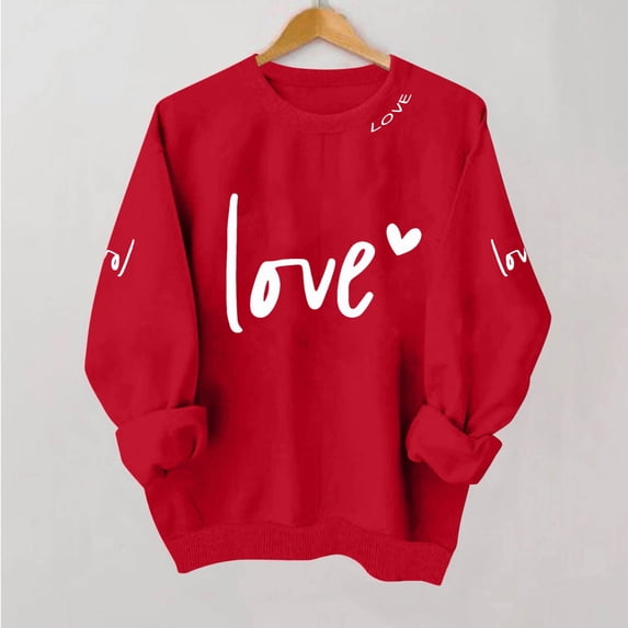 Kilaqueen Valentines Day Sweatshirt for Women Casual Plus Size Love Letter Long Sleeve Shirts Heart Grahic Valentines Gifts Round Neck Baggy Blouse Tops