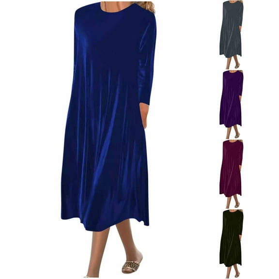 Kilaqueen Velvet A Line Dresses for Women Casual Crew Neck Long Dresses Plus Size Long Sleeve Maxi Dress Elegant Pleated Flowy Party Dresses