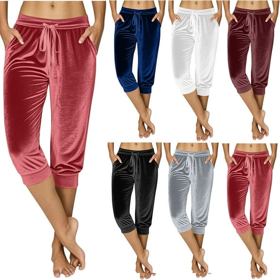 Kilaqueen Velvet Capri Pants for Women Wide Leg Lounge Pants High Rise Smocked Elastic Palazzo Pants Casual Loose Fitness Y2k Joggers
