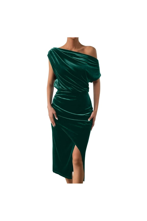 Velvet Dresses for Women Off The Shoulder Pleated Asymmetrical Bodycon Slit Dresses Solid Color Trendy Elegant Party Cocktail Gowns