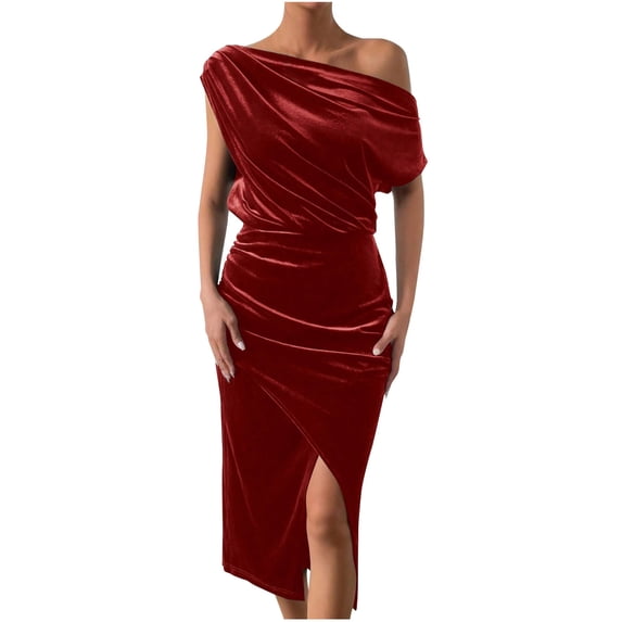 Kilaqueen Velvet Dresses for Women Off The Shoulder Pleated Asymmetrical Bodycon Slit Dresses Solid Color Trendy Elegant Party Cocktail Gowns