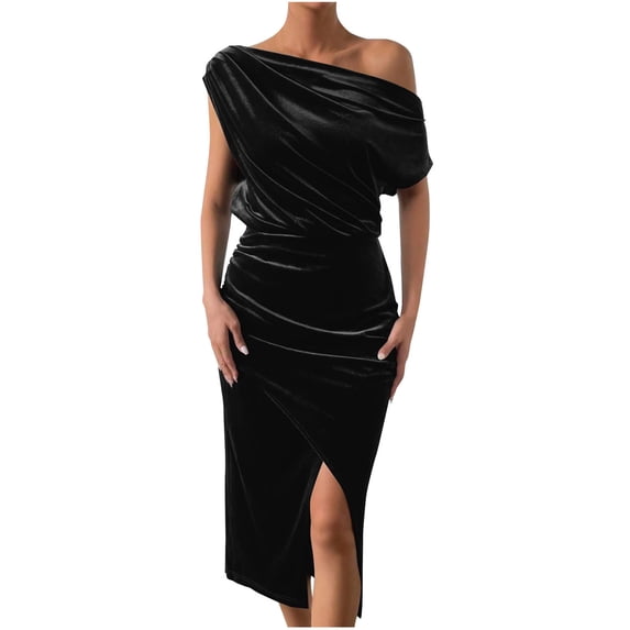 Kilaqueen Velvet Dresses for Women Off The Shoulder Pleated Asymmetrical Bodycon Slit Dresses Solid Color Trendy Elegant Party Cocktail Gowns
