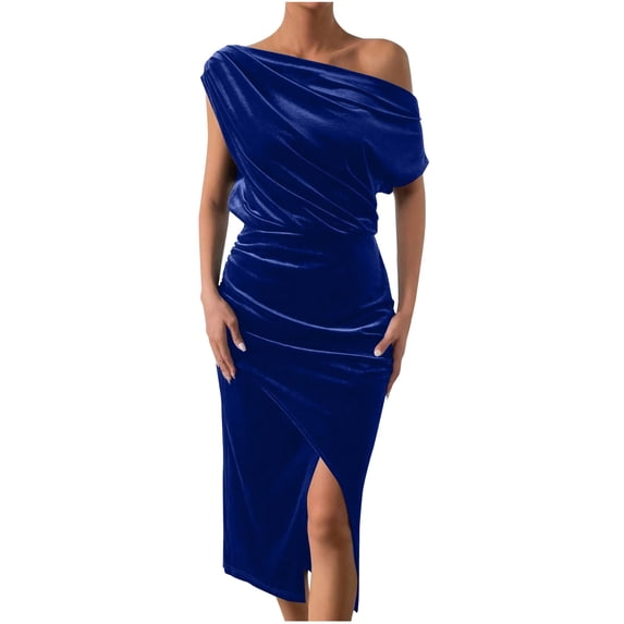 Kilaqueen Velvet Dresses for Women Off The Shoulder Pleated Asymmetrical Bodycon Slit Dresses Solid Color Trendy Elegant Party Cocktail Gowns