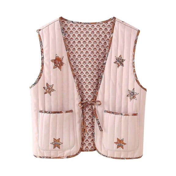 Kilaqueen Vest for Women Fashion Print Bow Tie Front Reversible Jacket Outerwear with Pockets Sleeveless Trendy Casual Lightweight Waistcoat