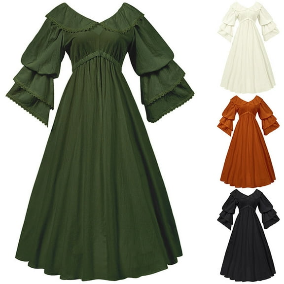 Kilaqueen Vintage Ruffle Lace Trim Long Dresses for Women Tiered Long Sleeves Flare Dresses Doll Collar Flowy Pleated Solid Color A Line Dresses