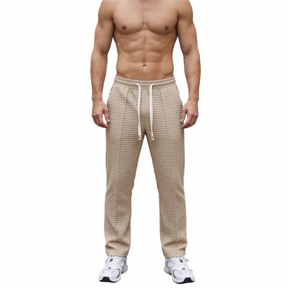 Kilaqueen Waffle Pants for Men Drawstring Elastic Waist Straight Leg Textured Trousers Solid Color Casual Fashion Pants