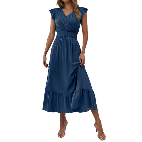 Kilaqueen Wedding Guest Dress Boho Pleated V Neck Sleeveless Flowy Ruffle Maxi Dress Solid Color Empire Waist Layered Sundress