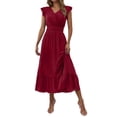 thumbnail image 1 of Kilaqueen Wedding Guest Dress Boho Pleated V Neck Sleeveless Flowy Ruffle Maxi Dress Solid Color Empire Waist Layered Sundress, 1 of 7