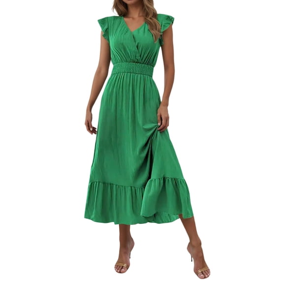 Kilaqueen Wedding Guest Dress Boho Pleated V Neck Sleeveless Flowy Ruffle Maxi Dress Solid Color Empire Waist Layered Sundress