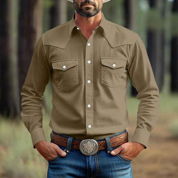 Kilaqueen Western Cowboy Shirts for Men Pearl Snap Button Down Cotton Work T-Shirt with Two Pockets, Plus Size Long Sleeve Casual Collared Office Shirts