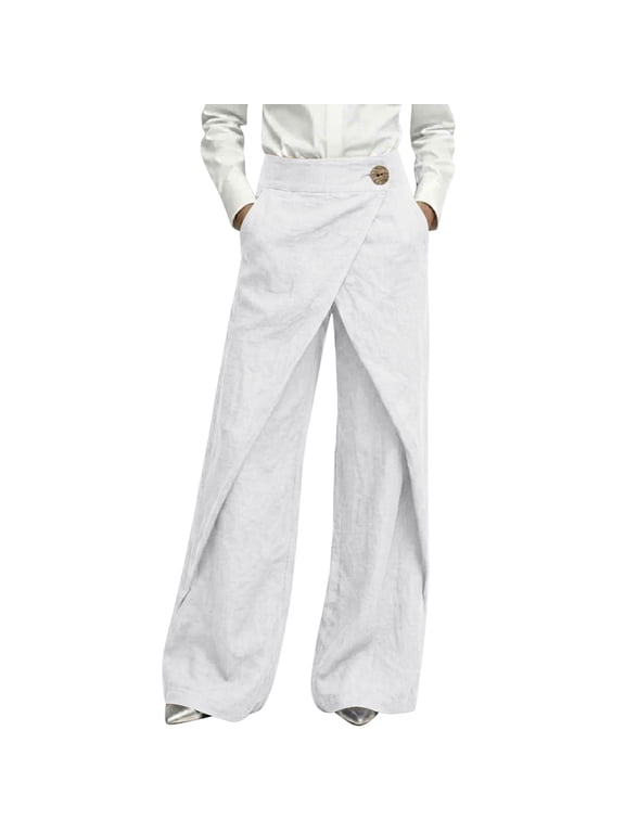 Wide Leg Linen Pants for Women High Waist Asymmetrical Wrap Button Front Summer Casual Palazzo Pants for Streetwear Beach