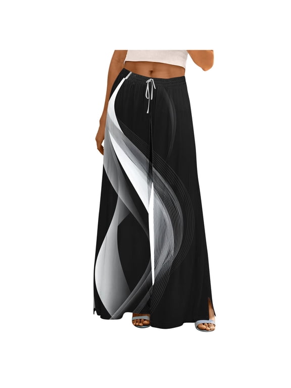 Wide Leg Lounge Trendy Pants for Women Floral Print Drawstring Elastic High Waist Pants Flowy Vacation Travel Palazzo Trousers with Pockets