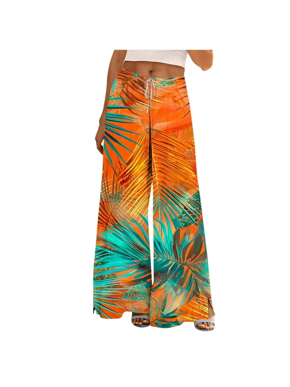 Wide Leg Lounge Trendy Pants for Women Floral Print Drawstring Elastic High Waist Pants Flowy Vacation Travel Palazzo Trousers with Pockets
