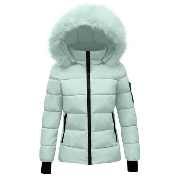 Kilaqueen Winter Coats for Women Faux Fur Detachable Hood Snow Parka Solid Color Long Sleeve Thicken Lined Puffer Coat