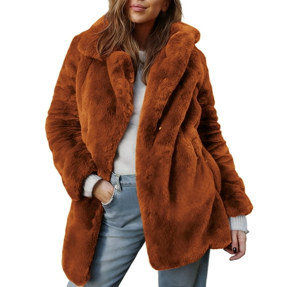 Kilaqueen Winter Coats for Women Faux Fur Thick Lapel Long Sleeve Jacket Fluffy Solid Color Open Front Casual Loose Fit Clothes