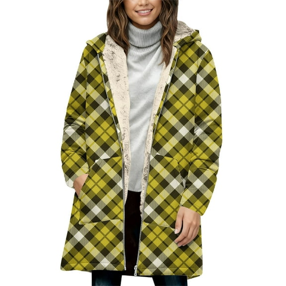 Kilaqueen Winter Jackets for Women Plaid Long Sleeve Zip Up Fleece Lined Hooded Jackets with Pockets Winter Warm Casual Trendy Coat