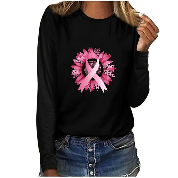 Kilaqueen Women Cancer Shirt Pink Ribbon Sunflower Print T-Shirt Inspire Breast Cancer Awareness Tee Tops Fall Crewneck Long Sleeve Pullover Tops