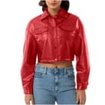 thumbnail image 1 of Kilaqueen Women Faux Leather Cropped Jacket Long Sleeve Button Down Bomber Jackets Casual Motorcycle Moto Bike Outwear with Pockets, 1 of 8