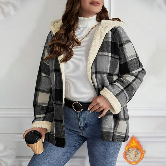 Kilaqueen Women Flannel Hoodies Fleece Lined Plaid Jackets Casual Long Sleeve Sherpa Shacket Full Zip Jacket Winter Warm Fuzzy Coat Outwear