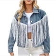 thumbnail image 1 of Kilaqueen Women Fringe Denim Jackets Long Sleeve Button Down Lapel Cropped Jean Coat Cowgirl Western Country Concert Outfits, 1 of 9