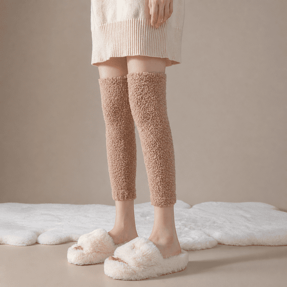 Kilaqueen Women Fuzzy Coral Fleece Knee High Leg Warmers, Soft Plush Thermal Knee Sleeve, Cozy Warm Leg Covers for Home Sleep Winter