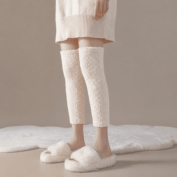 Kilaqueen Women Fuzzy Coral Fleece Knee High Leg Warmers, Soft Plush Thermal Knee Sleeve, Cozy Warm Leg Covers for Home Sleep Winter