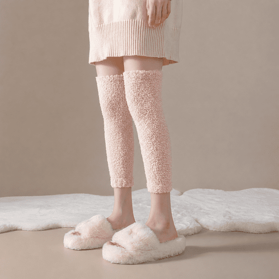 Kilaqueen Women Fuzzy Coral Fleece Knee High Leg Warmers, Soft Plush Thermal Knee Sleeve, Cozy Warm Leg Covers for Home Sleep Winter