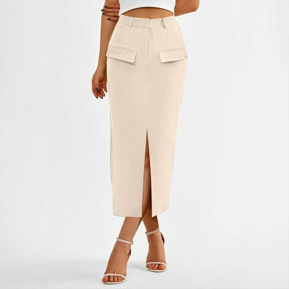 Kilaqueen Women High Waisted Cargo Midi Pencil Skirt Trendy Spring Summer Wrap Hip Split Front Bodycon Skirt Dressy Casual Business Work Office Long Skirts