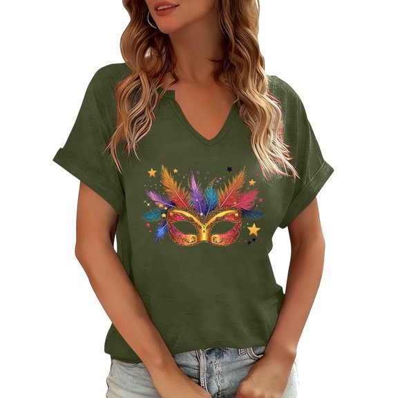 Kilaqueen Women Mardi Gras Tops Mask Print V Neck Short Sleeve Pullover Tops Casual Party Club Vacation Holiday Shirts