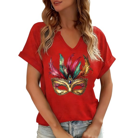 Kilaqueen Women Mardi Gras Tops Mask Print V Neck Short Sleeve Pullover Tops Casual Party Club Vacation Holiday Shirts