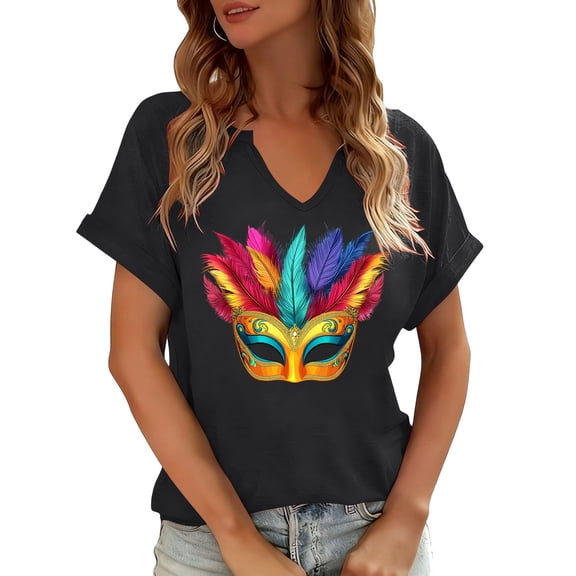 Kilaqueen Women Mardi Gras Tops Mask Print V Neck Short Sleeve Pullover Tops Casual Party Club Vacation Holiday Shirts