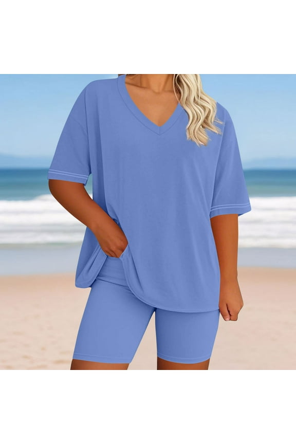 Women Plus Size 2 Piece Outfits Short Sleeve V Neck Tunic Tops and Skinny Biker Shorts Sets Workout Matching Summer Outfits Casual Tracksuits Lounge Sets