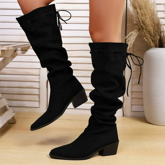 Kilaqueen Women Slouchy Low Chunky Heel Lace Up Knee High Boots Pointed Toe Flats Wide Calf Suede Tall Long Booties Daily Walking Outdoor Shoes Size 5.5-9.5 US