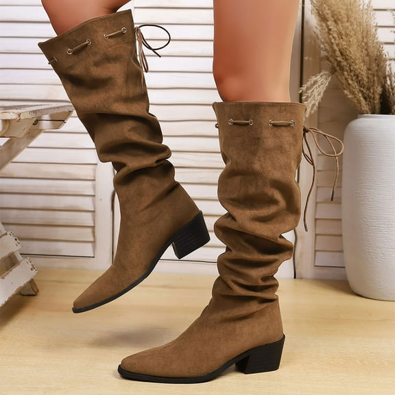 Kilaqueen Women Slouchy Low Chunky Heel Lace Up Knee High Boots Pointed Toe Flats Wide Calf Suede Tall Long Booties Daily Walking Outdoor Shoes Size 5.5-9.5 US