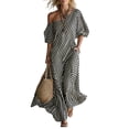 thumbnail image 1 of Kilaqueen Women Striped Half Sleeve One Shoulder Maxi Dress Long Flowy Summer Beach Vacation Boho Flowy Dress with Pockets, 1 of 7