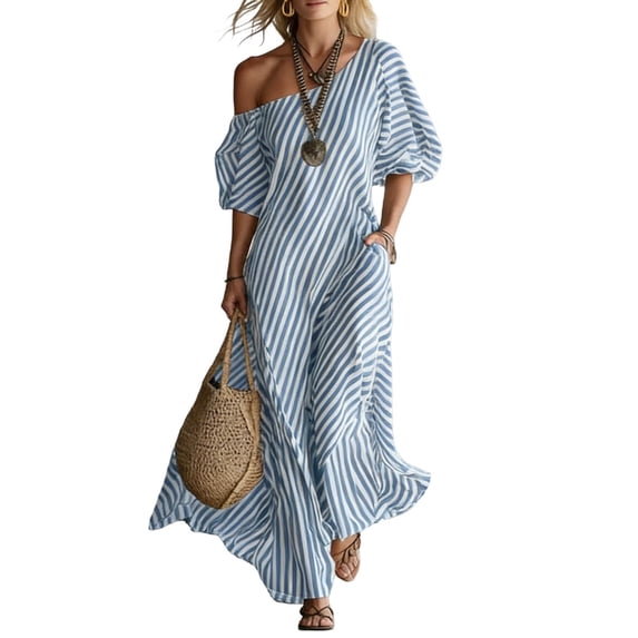 Kilaqueen Women Striped Half Sleeve One Shoulder Maxi Dress Long Flowy Summer Beach Vacation Boho Flowy Dress with Pockets