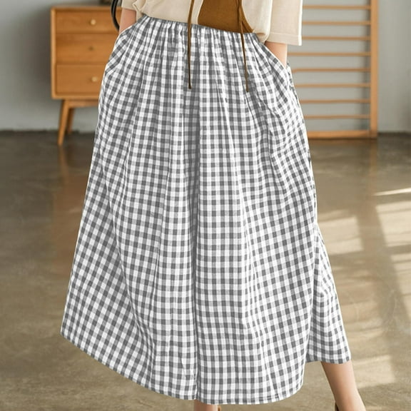 Kilaqueen Women Wide Leg Capri Pants Gingham Plaid Culottes Summer Casual Baggy Elastic High Waist Palazzo Trousers Bottoms Cropped Skirt Pants with Pockets