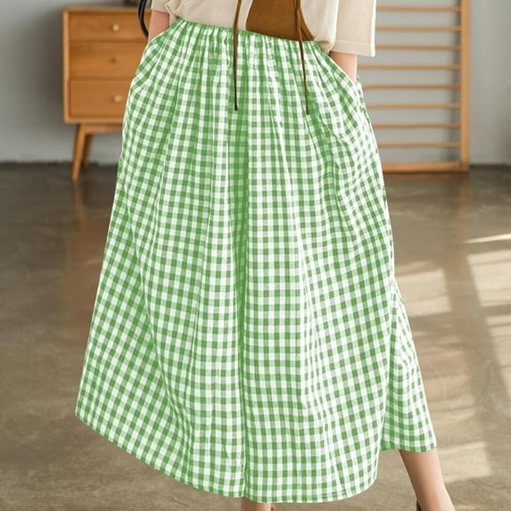 Kilaqueen Women Wide Leg Capri Pants Gingham Plaid Culottes Summer Casual Baggy Elastic High Waist Palazzo Trousers Bottoms Cropped Skirt Pants with Pockets