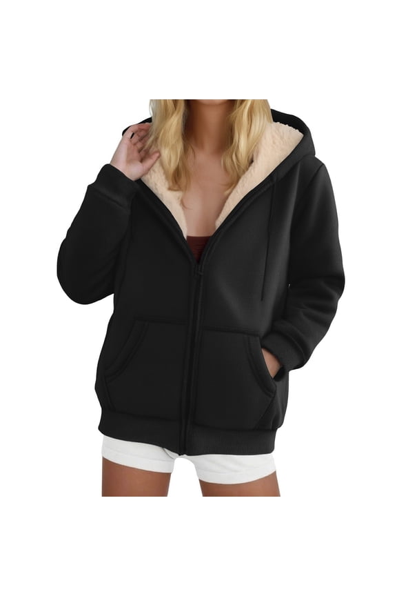 Women Zip Up Fleece Jacket Thick Sherpa Lined Hooded Sweatshirts Long Sleeve Winter Thermal Hoodie Coats with Pockets