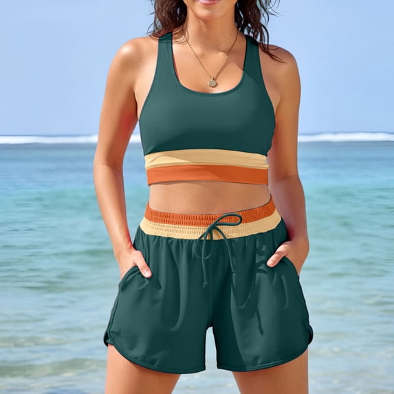 Kilaqueen Women's 2 Piece Color Block Tankini Swimsuit, Racerback Zipper Cutout Crop Tank Top with Drawstring Swim Shorts, Athletic Tummy Control Modest Bathing Suit Outfit for Surf Beach Pool