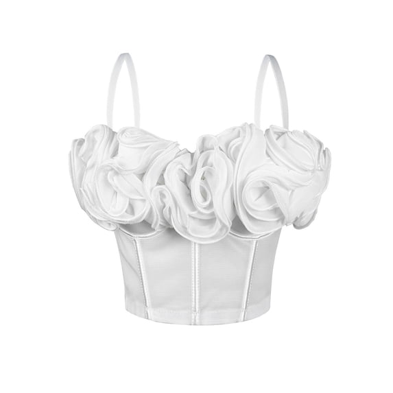 Kilaqueen Women's 3D Rose Corset Top, Spaghetti Strap Sheer Mesh Bustier Crop Top with Boning, Floral Going Out Top for Parties and Date Nights