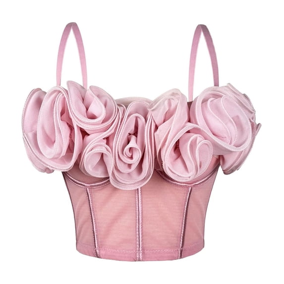 Kilaqueen Women's 3D Rose Corset Top, Spaghetti Strap Sheer Mesh Bustier Crop Top with Boning, Floral Going Out Top for Parties and Date Nights
