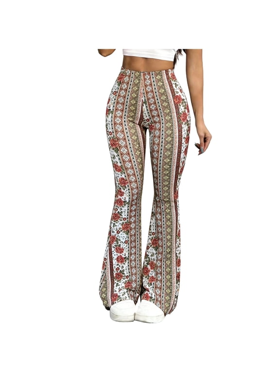 Women's 70s Yoga Pants Comfy Stretch High Waisted Ethnic Paisley Floral Bell Bottoms Workout Palazzo Pants Boho Flared Athletic Leggings