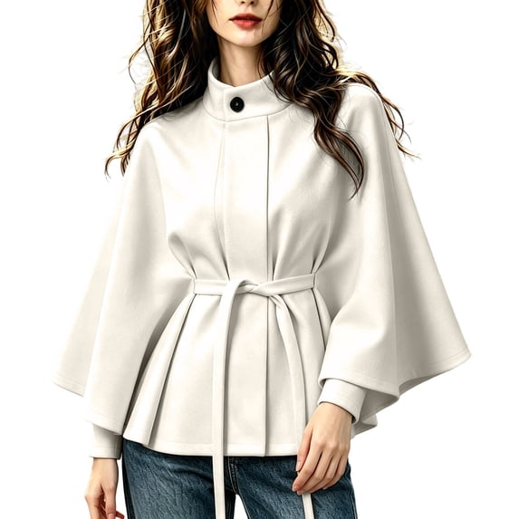 Kilaqueen Women's Belted Cape Coat with Stand Collar and Draped Sleeves, Poncho Outerwear for Fall Events, Workdays and Evening Plans