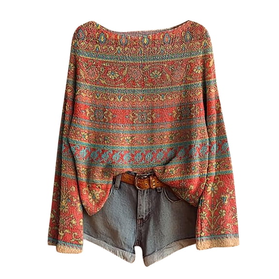 Kilaqueen Women's Boho Vintage Oversized Kintted Tops Western Ethnic Cute Graphic Pullover Tops Baggy Fall Long Sleeve Floral Knit Sweater Pullover