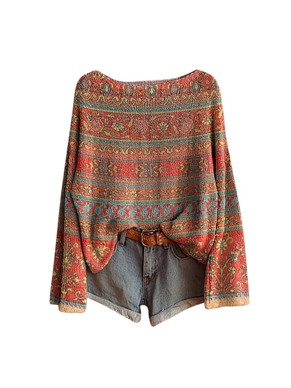 Women's Boho Vintage Oversized Kintted Tops Western Ethnic Cute Graphic Pullover Tops Baggy Fall Long Sleeve Floral Knit Sweater Pullover